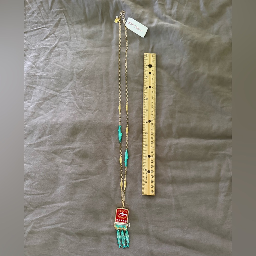 Betsey Johnson Betsey’s Sardines red can Jewels Rhinestone Fish Pendant Necklace - Picture 3 of 6